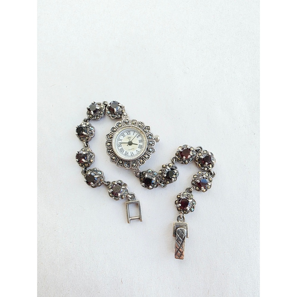 Vintage Sterling Silver Marcasite Garnet Quartz Watch Bracelet 925 Floral As-Is